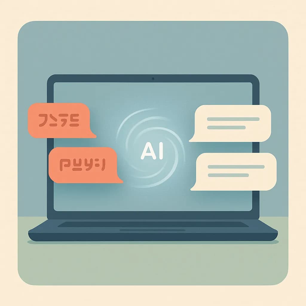 Foreign-language chat bubbles translated on a laptop