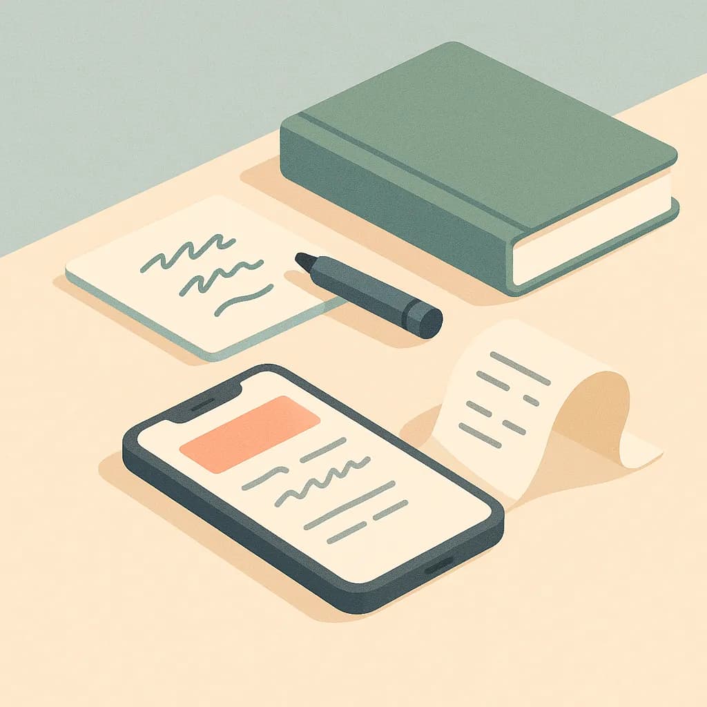 Phone, receipt, notebook and whiteboard on a desk